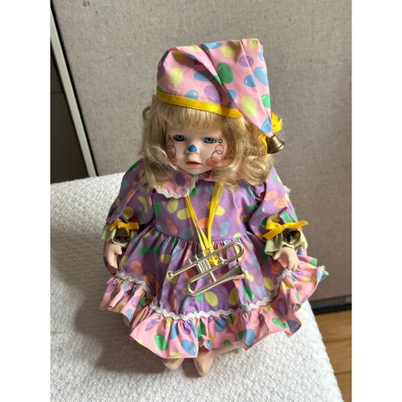 CRH International Porcelain Clown Doll Dressed Polka Dot Trumpet Bells Posable - Picture 3 of 5